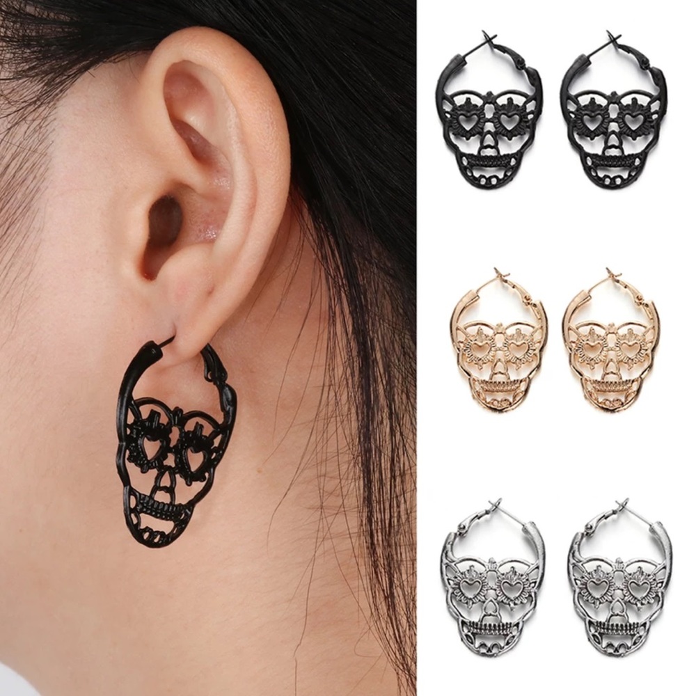 Gold Punk Rock Skull Earrings - Picture 3 of 9